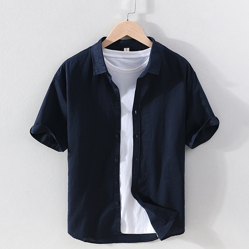Men's Linen Short-sleeved Shirt Square Collar Casual Cotton And Linen