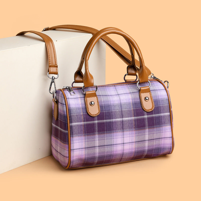 Plaid Academy Style Round Barrel Shoulder Bag