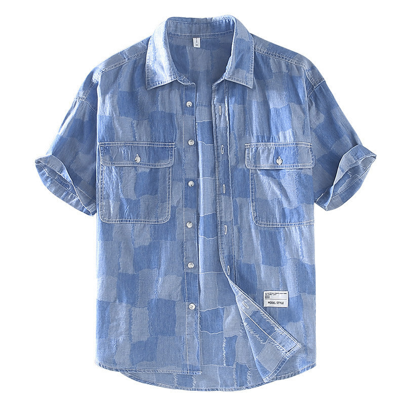 Summer Thin Plaid Men's Denim Printing Short Sleeve